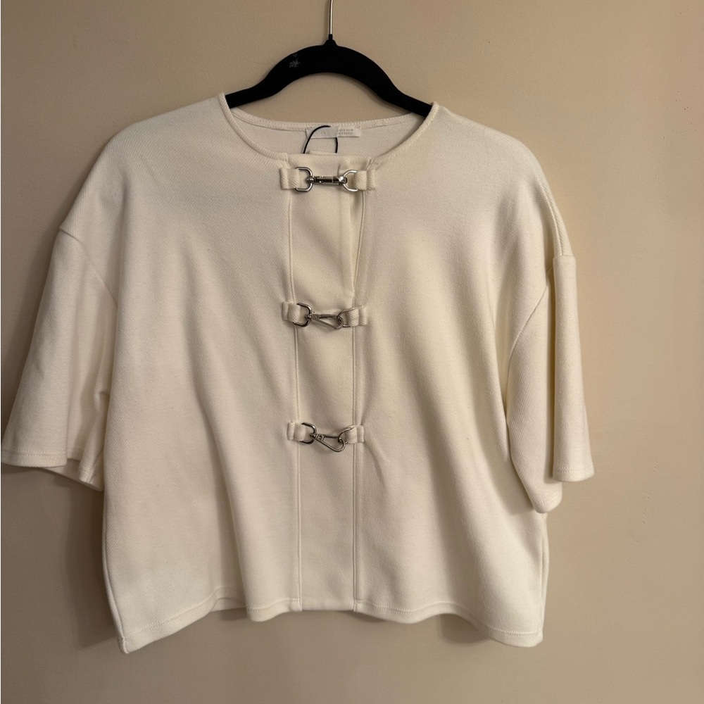Zara Elegant Cream Women's Top with Buckle Detail